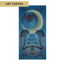  A stylized painting by Julie Leidel of a bat flying beneath a crescent moon against a deep blue night sky. Decorative trees and organic shapes frame the text “The Bat – Invite Intuition & Inner Vision.” It is labeled 