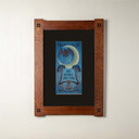  An archival print of a bat and crescent moon in a Craftsman style foursquare oak frame and black mat.