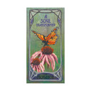  An vibrant Art Nouveau style painting featuring a monarch butterfly perched delicately on two pink flowers. The background is a soft, gradient green, flowing text reads 