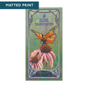  An vibrant Art Nouveau style painting featuring a monarch butterfly perched delicately on two pink flowers. The background is a soft, gradient green, flowing text reads 