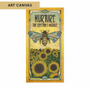  A stylized painting of a bee with blue-tinted wings hovering above a field of sunflowers. Decorative art nouveau details frame the text “Nurture the Rhythm of Nature” in warm golden tones. It is labeled 