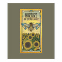  A stylized painting of a bee with blue-tinted wings hovering above a field of sunflowers. Decorative art nouveau details frame the text “Nurture the Rhythm of Nature” in warm golden tones. It is surrounded by a sage green mat board.