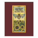  A stylized painting of a bee with blue-tinted wings hovering above a field of sunflowers. Decorative art nouveau details frame the text “Nurture the Rhythm of Nature” in warm golden tones. It is surrounded by a maroon mat board.