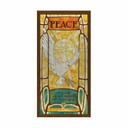  A painting resembling a stained glass window of a white dove carrying an olive branch against a radiating golden background. The design features the word “Peace” and a quote about nonviolence. It has a wood texture.