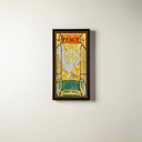  A canvas print of a dove on a stained glass sky with the word 