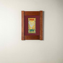  An archival print of a a dove on a stained glass sky with the word 