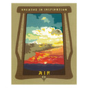  An art print featuring a vibrant sunset scene framed by a stylized brown window or archway. The illustration shows a dramatic sky with a low sun glowing orange on the horizon, beneath layers of fiery red, cool grey, and bright yellow clouds that transition into a teal and dark blue sky. It reads 
