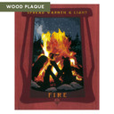  An art print with a thick terracotta-red border. A dark burgundy, wood-grained frame surrounds a large campfire at night. The fire has bright yellow and orange flames and white smoke rising toward a dark sky filled with white stars. The words 'SPREAD WARMTH & LIGHT' are written in gold at the top of the frame, and the word 'FIRE' is at the bottom. It is labeled 