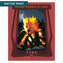  An art print with a thick terracotta-red border. A dark burgundy, wood-grained frame surrounds a large campfire at night. The fire has bright yellow and orange flames and white smoke rising toward a dark sky filled with white stars. The words 'SPREAD WARMTH & LIGHT' are written in gold at the top of the frame, and the word 'FIRE' is at the bottom. It is labeled 