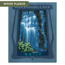  An art print with a thick medium-blue border. A dark navy, wood-grained frame surrounds a bright blue and white waterfall over dark grey rocks. Small green bushes grow at the bottom left. The words 'BEGIN REFRESHED & ANEW' are written in white at the top of the frame, and the word 'WATER' is at the bottom. It is labeled 