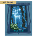  An art print with a thick medium-blue border. A dark navy, wood-grained frame surrounds a bright blue and white waterfall over dark grey rocks. Small green bushes grow at the bottom left. The words 'BEGIN REFRESHED & ANEW' are written in white at the top of the frame, and the word 'WATER' is at the bottom. It is labeled 