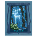  An art print with a thick medium-blue border. A dark navy, wood-grained frame surrounds a bright blue and white waterfall over dark grey rocks. Small green bushes grow at the bottom left. The words 'BEGIN REFRESHED & ANEW' are written in white at the top of the frame, and the word 'WATER' is at the bottom. It has a canvas texture.