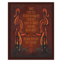  A stylized art print featuring a famous quote from the Grove Park Inn, decorated with two stylized tongues of flame on either side. The text is set against a textured, dark copper-red background and is framed by a thick, dark-brown border. It reads 