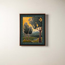  A canvas print of a gold and green landscape scene. It's in a brown float frame.