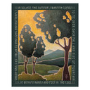  A heavily textured Arts & Crafts style art print featuring a tranquil summer landscape framed by a poetic border. The serene scene depicts three tall trees with golden-yellow highlights standing in a lush green meadow, set against a backdrop of rolling blue mountains and a golden sky.