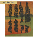  A rectangular art print showing four tall, thin black trees with gaps in their canopies. They stand on a green bank under an orange sky, and their dark shapes are mirrored in the orange-tinted water in the foreground. It is labeled 
