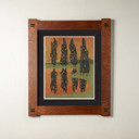  An earth toned landscape painting showing reflecting trees. It has a double mat and a foursquare oak frame.