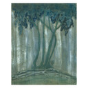  An art print inspired by Arts & Crafts pottery featuring a stylized, ethereal forest scene in cool tones of teal, sage green, and silvery grey. The illustration depicts four slender, curving tree trunks with dense, cloud-like canopies that bleed into a misty, vertical-striped background. It's on a wood grain texture.