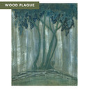  An art print inspired by Arts & Crafts pottery featuring a stylized, ethereal forest scene in cool tones of teal, sage green, and silvery grey. The illustration depicts four slender, curving tree trunks with dense, cloud-like canopies that bleed into a misty, vertical-striped background. It's labeled 