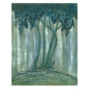  An art print inspired by Arts & Crafts pottery featuring a stylized, ethereal forest scene in cool tones of teal, sage green, and silvery grey. The illustration depicts four slender, curving tree trunks with dense, cloud-like canopies that bleed into a misty, vertical-striped background. It's on a canvas texture.