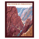  An art print featuring a dramatic view of a rocky river canyon. The illustration uses a layered, painterly technique to depict the steep, dark-purple and mahogany canyon walls, with a small, winding blue river at the base and lighter blue mountains in the background. It is on a wood grain texture.