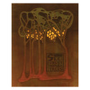  A vertical art print with a dark brown, textured background. In the center, tall, thin tree trunks rise into a single, large green canopy filled with small, irregular holes. A bright yellow light glows from behind the trees. At the bottom right, a red banner features the words 'SEE THE FOREST THROUGH THE TREES' in a tall, black font. 