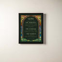  A canvas print of the serenity prayer surrounded by stained glass. It's in a black float frame.