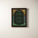  A canvas print of the serenity prayer surrounded by stained glass. It's in a brown float frame.
