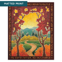  An Arts & Crafts style art print featuring a tranquil autumn forest landscape framed by a poetic border. The illustration depicts a winding path leading toward distant mountains, framed by two large trees. It's labeled 
