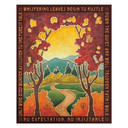  An Arts & Crafts style art print featuring a tranquil autumn forest landscape framed by a poetic border. The illustration depicts a winding path leading toward distant mountains, framed by two large trees.
