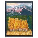  An art print featuring a vibrant autumn mountain landscape of aspen trees and Pike's Peak in Colorado. It's on a wood grain texture.