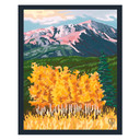  An art print featuring a vibrant autumn mountain landscape of aspen trees and Pike's Peak in Colorado. It's on a canvas texture.