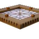  Corner detail view of a square can or recessed light cover with a dental pattern and filigree in an antique brass finish.