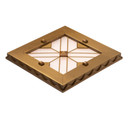  Three-quarters view of a square can or recessed light cover with a stepped pyramid pattern and filigree in an antique brass finish.