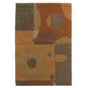  Rectangular Mid-Century Modern area rug with an abstract geometric pattern in earthy tones of brown, green, and rust, featuring circles and elliptical shapes surrounded by flooring color samples.