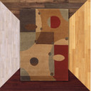   A colorful Mid-Century Modern rug featuring various circles and shapes in a playful design against floor color samples.