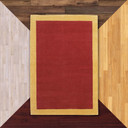  A Modern or contemporary styled rug with a solid red body and bold yellow border set against floor color samples.