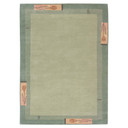  A sage green Prairie School area rug with a minimalist rectangular design, featuring a central light green panel bordered by a darker olive green frame. Each side of the border is accented with a single, stylized floral motif in terracotta and peach, set within a small rectangular block.