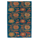  A wool rug featuring a traditional Tibetan-inspired floral design with large, stylized blossoms in warm shades of terracotta, rust, and mustard yellow. 
