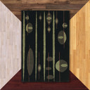  A rectangular black rug with five thick, vertical green stripes in an Atomic style Mid-Century design. It is on a floor color sample background.