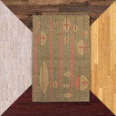  A rectangular green rug with five thick, vertical salmon stripes in an Atomic style Mid-Century design reminiscent of martini olives. It's on a floor color sample background.