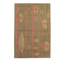  A rectangular green rug with five thick, vertical salmon stripes in an Atomic style Mid-Century design reminiscent of martini olives.