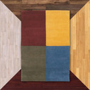   A rectangular rug divided into four large squares of different colors. The top left is dark red, the top right is bright yellow, the bottom left is olive green, and the bottom right is medium blue. It's on a background of floor color samples. 