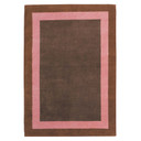  A Mid-Century rectangular rug with three distinct color sections. The center is a solid dark brown, surrounded by a bright pink rectangular border, which is then enclosed by a wider, medium-brown outer frame.
