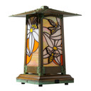  An Asian architecture inspired battery powered table lamp with an orange blossom and honey bee stained glass panel design. 