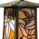  An Asian architecture inspired battery powered table lamp with an orange blossom and honey bee stained glass panel design. 