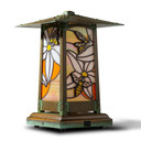  An Asian architecture inspired battery powered table lamp with an orange blossom and honey bee stained glass panel design. 