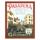  A painting by Julie Leidel in the style of a vintage travel poster of Pasadena's Colorado Boulevard featuring a 1930s automobile, Spanish Revival architecture, and Pasadena City Hall dome, commemorating 150 years of Colorado Boulevard and 100 years of Route 66. It has a canvas texture.