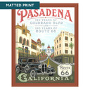  A painting by Julie Leidel in the style of a vintage travel poster of Pasadena's Colorado Boulevard featuring a 1930s automobile, Spanish Revival architecture, and Pasadena City Hall dome, commemorating 150 years of Colorado Boulevard and 100 years of Route 66. It is labeled 