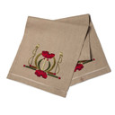 Full length rectangular linen decorative table scarf featuring an embroidered Arts & Crafts or Art Nouveau style poppy motif in deep red with olive green, and dark green accents.